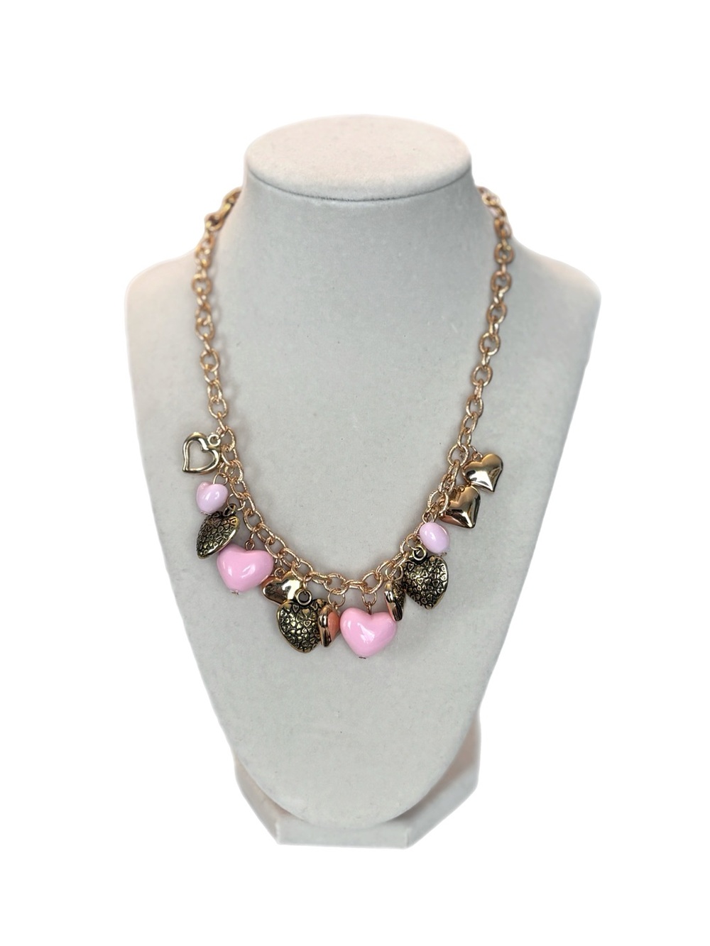 Pink & Gold Heart Charms with Gold Chain Link Necklace